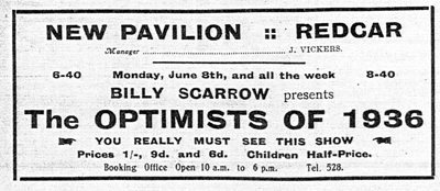 Advert for the Optimists of 1936 playing at the New Pavilion Redcar